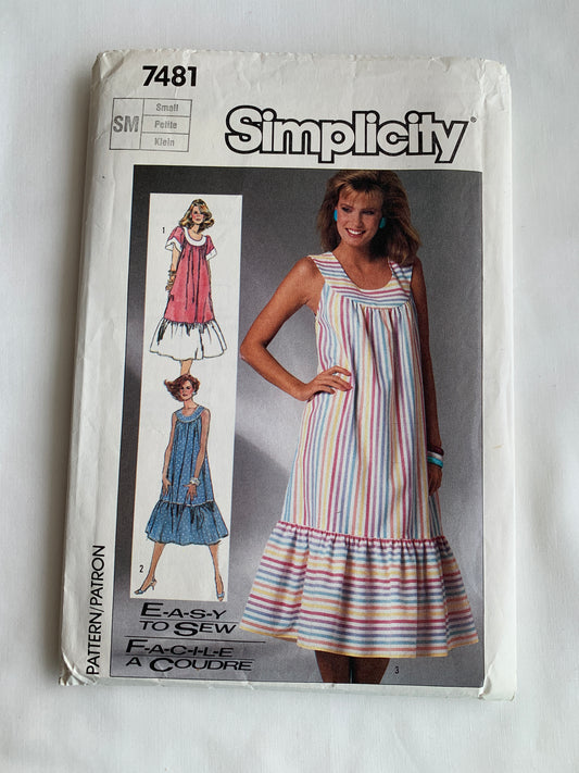 Simplicity Sewing Pattern 7481 Misses' Pullover Dress, Flared, Short Sleeves, Pockets,Ruffles, Loose-Fitting, Size 10-12, Cut, Vintage 1986