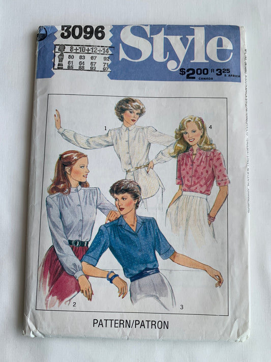 Style Sewing Pattern 3096 Misses' Tops, Blouses, Button Front, 4 Variations, Long/Short Sleeves, Collar, Size 8-14, Cut, Vintage 1980