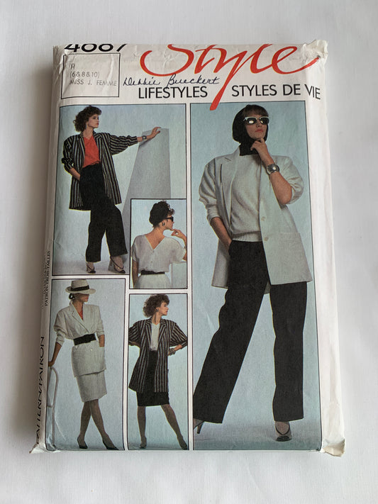 Style Sewing Pattern 4687 Misses' Unlined Jacket, Pants, Trousers, Skirt, Collar, Pockets, Cuffs,Long/Short Sleeves, Size 6-8, Cut, Vintage 1986