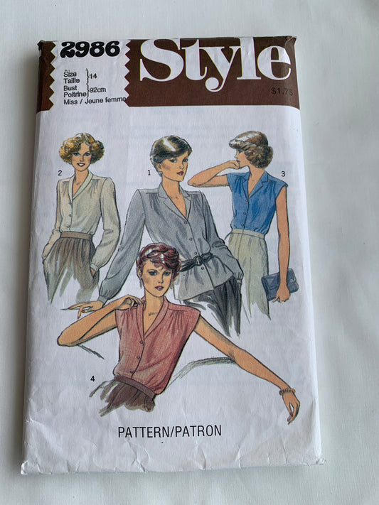 Style Sewing Pattern 2986 Misses' Tops, Blouses, Button Front, 4 Variations, Long/Short Sleeves, Collar, Size 14, Cut, Vintage 1980