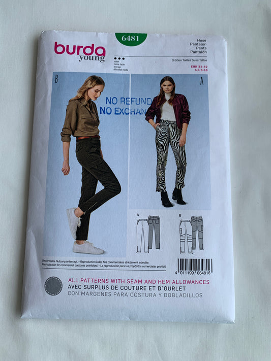 Burda Sewing Pattern 6481 Misses' Pants, Zipper Fly, Semi-Fitted, Pockets, 2 Variations, Size 6-16, Cut, 2017