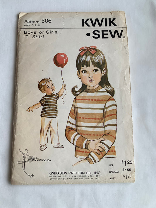 KWIK Kerstin Martensson Sewing Pattern 306 Boys'/Girls' T-Shirt, Long/Short Sleeves, Knit, Size 2-6, Cut, Vintage 1970