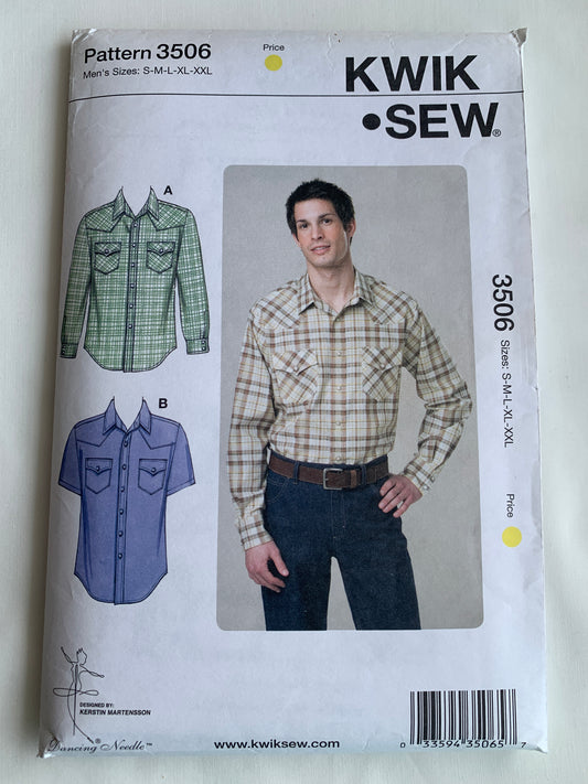 KWIK Sewing Pattern 3506 Men's Western Shirt, Long/Short Sleeves, Button/Snap Front, Collar, Size 34-36, Cut, Vintage 1984