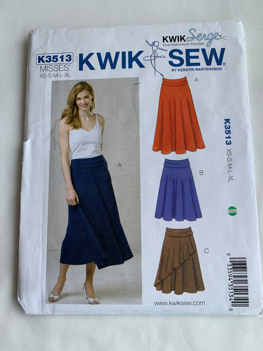 KWIK Sewing Pattern K3513 Misses' Skirts, 4 Variations, Pull-On, Flounce, Flared, Size XS-L, Cut, 2012