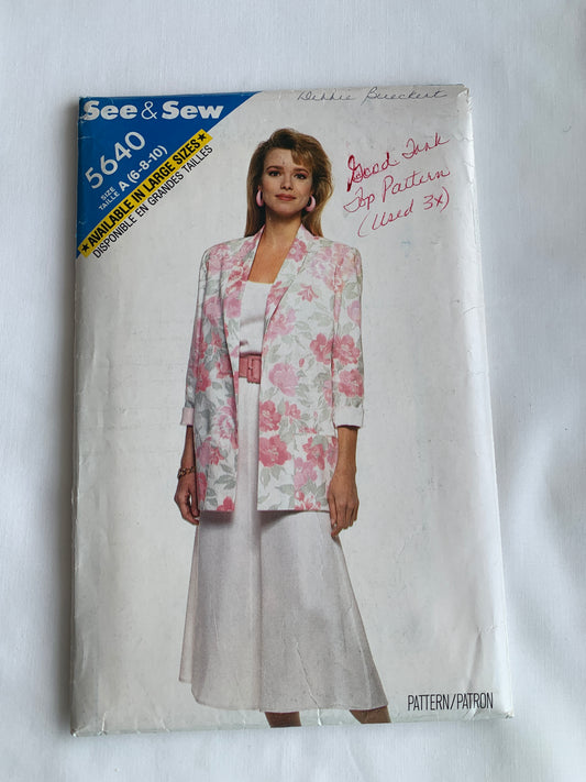 Butterick See & Sew Sewing Pattern 5640 Misses' Top, Skirt, Jacket, Loose-Fitting, Shoulder Pads, Elastic Waist, Size 6-8, Cut, Vintage 1987