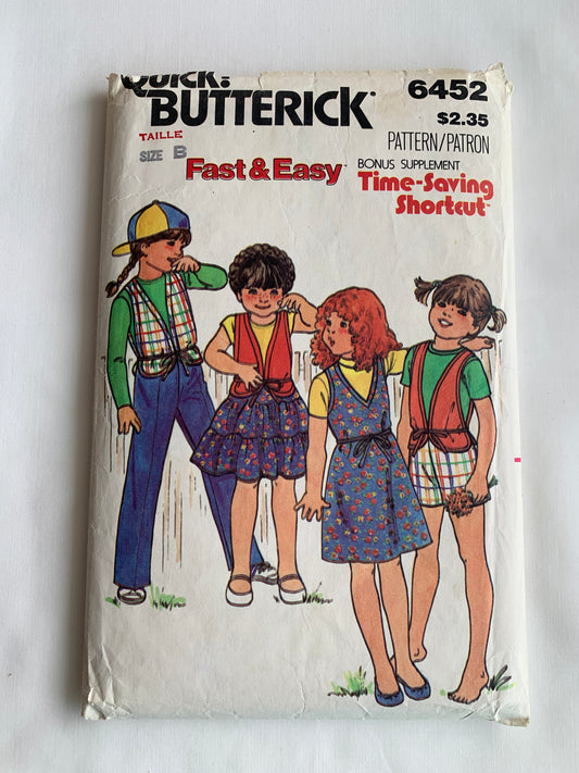 Butterick Sewing Pattern 6452 Girls' Dress, Jumper, Skirt, Vest, Pants, Belt, Shorts, Button Back, Collar, Short Sleeves, Size 4-6, Cut, Vintage 1970
