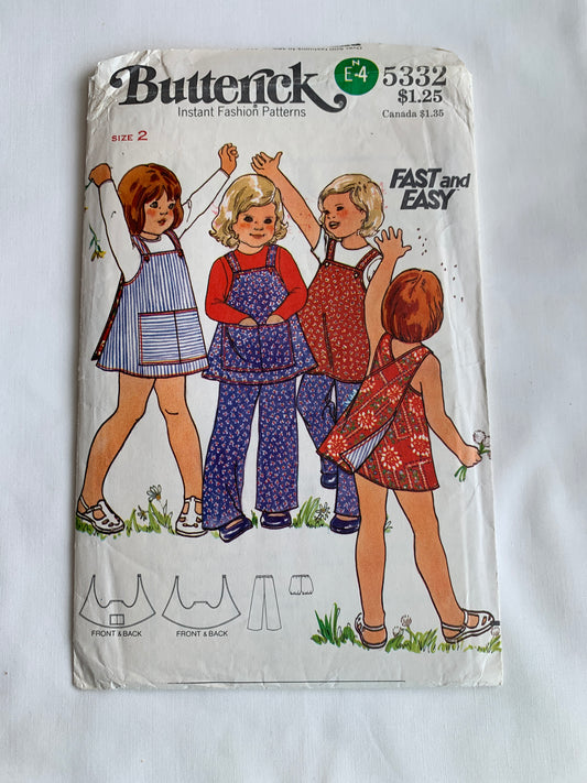 Butterick Sewing Pattern 5332 Toddlers' Reversible Jumper, Pants, Panties, Wrap, Bib, Pocket, Size 2, Cut, Vintage 1980