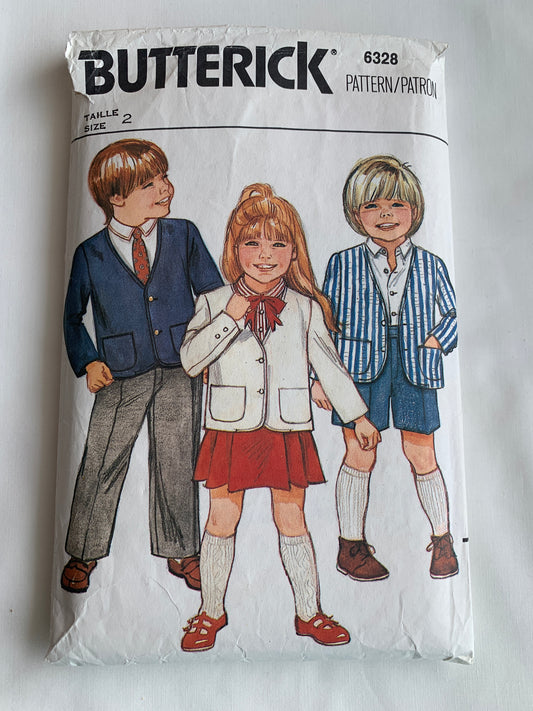Butterick Sewing Pattern 6328 Toddlers' Jacket, Shirt, Skirt, Shorts, Pants, Semi-Fitted, Shoulder Pads, Pockets, Long/Short Sleeves, Size 2, Cut, Vintage 1989