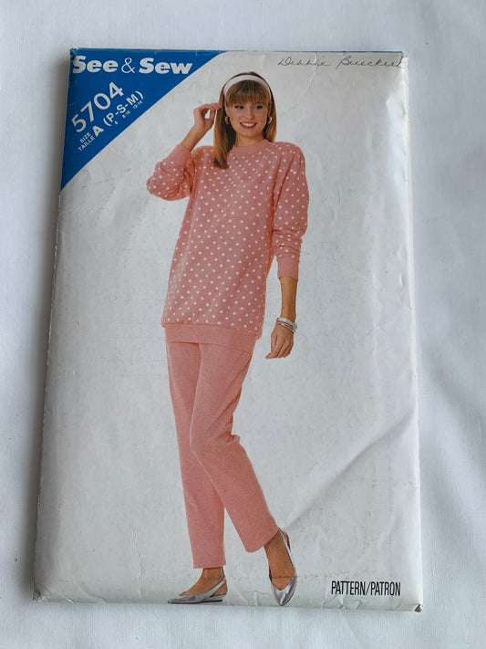 Butterick See & Sew Sewing Pattern 5704 Misses' Top, Pants, Loose-Fitting, Pocket, Pullover, Elastic Waist, Size 8-10, Cut, Vintage 1987