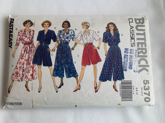 Butterick Sewing Pattern 5370 Misses' Top, Split Skirt, Culotte, Loose-Fitting, Shoulder Pads, Long/Short Sleeves, Size 6-10, Cut, Vintage 1991