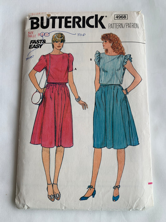 Butterick Sewing Pattern 4968 Misses' Top, Skirt, Loose-Fitting, Pullover, Long/Short Sleeves, Zipper Back, Size 6-8, Cut, Vintage 1980