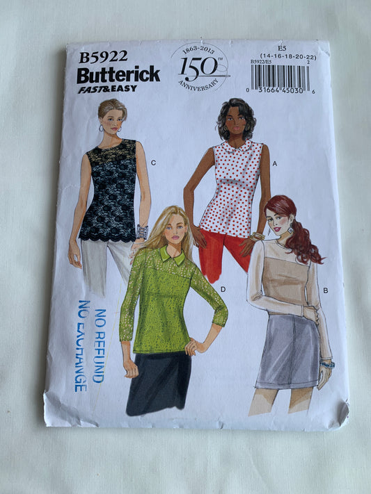 Butterick Sewing Pattern B5922 Misses' Tops, Sleeveless, Long Sleeves, Collar, 4 Variations. Pullover, Size 14-16, Cut, 2013