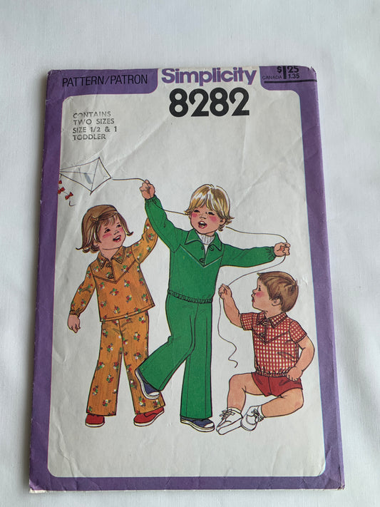 Simplicity Sewing Pattern 8282 Toddlers' Shorts, Top, Pants, Pullover, Pull-On, Long/Short Sleeves, Size 1 1/2-1, Cut, Vintage 1977