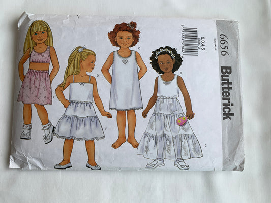 Butterick Sewing Pattern 6656 Girls' Top, Camisole, Slip, Petticoat, Close-Fitting, Elastic Waist, Tiers, Ruffles, Size 2-5, Cut, 2002