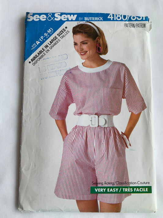 Butterick See & Sew Sewing Pattern 4180 Misses'/Misses' Petite Top, Shorts, Loose-Fitting, Pullover, Pockets, Shoulder Pads, Size 6-14, Cut, Vintage 1989