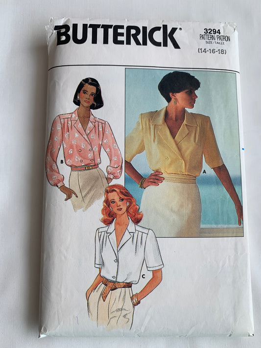 Butterick Sewing Pattern 3294 Misses' Blouses, Loose-Fitting, Long/Short Sleeves, Double Breasted, Pleats, Button Front, 3 Variations, Collar, Size 14-18, Cut, Vintage 1985
