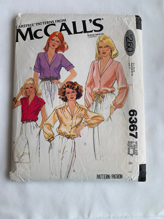 McCall's Sewing Pattern 6367 Misses' Blouse, Long/Short Sleeves, 4 Variations, Button Front, Pockets, Size 8, Cut, Vintage 1978