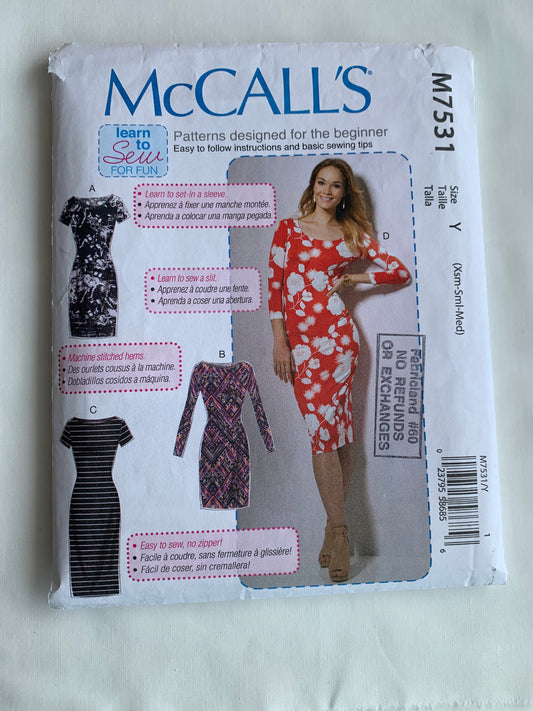 McCall's Sewing Pattern M7531 Misses' Dresses, Long/Short Sleeves, Close-Fitting, Pullover, Slit, Size 4-14, Cut, 2017