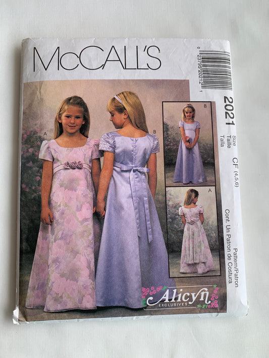 McCall's Sewing Pattern 2021 Girls' Dresses, Lined, Princess Seams, Short Sleeves, Tie Ends, Empire Waist, Zipper Back, Floor Length, Size 4-6, Cut, Vintage 1999