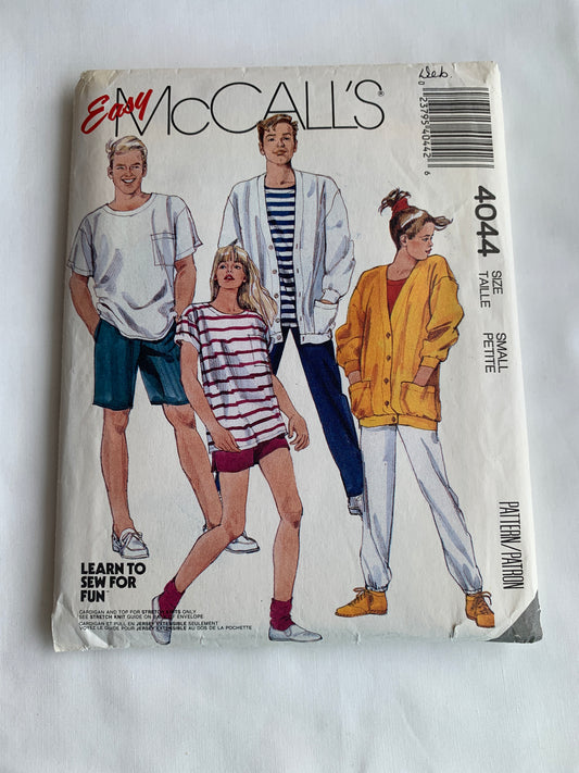 McCall's Sewing Pattern 4044 Misses'/Men's/Teens' Tops, Cardigan, Pants, Shorts, Stretch Knits, Pullover, Pockets, Elastic Waist, Two Lengths, Button Front, Size 32-34, Cut, Vintage 1988