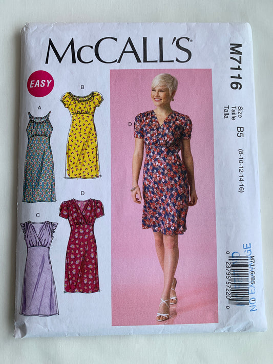 McCall's Sewing Pattern M7116 Misses' Dress, Pullover, Short Sleeves, Side Zipper, Semi-Fitted, Sleeveless, 4 Variations, Size 8-16, Cut, 2015