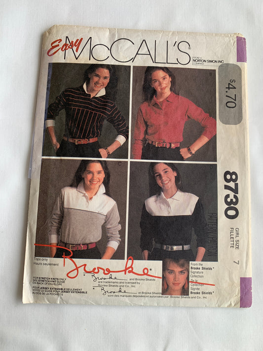 McCall's Brooke Shields Sewing Pattern 8730 Girls' Shirt, Transfer Missing, Stretch Knits, Pullover, Long Sleeves, Size 7, Cut, Vintage 1983