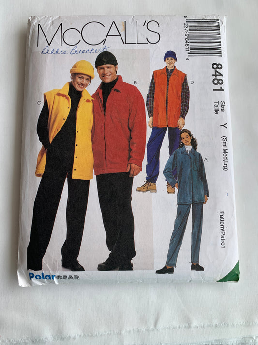 McCall's Sewing Pattern 8481 Misses'/Men's Shirt-Jacket, Vest, Pull-On Pants, Pockets, Hats, Long Sleeves, Sleeveless, Elastic Waist, Size 31-40, Cut, Vintage 1996