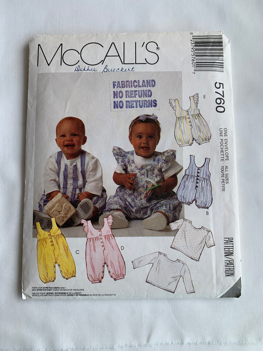 McCall's Sewing Pattern 5760 Infants' Jumpsuit, Shirt, Button Front, Snap Crotch, Sleeveless, Short Sleeves, Two Lengths, Stretch Knits, Size 13-24 Pounds, Cut, Vintage 1992
