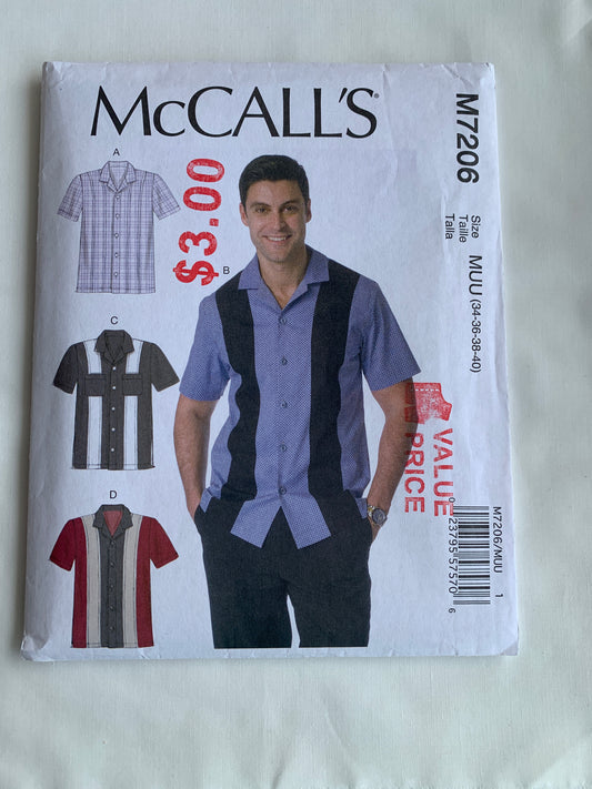 McCall's Sewing Pattern M7206 Men's Shirts, Short Sleeves, Button Front, Collar, Pocket, Size 34-38, Cut, 2015