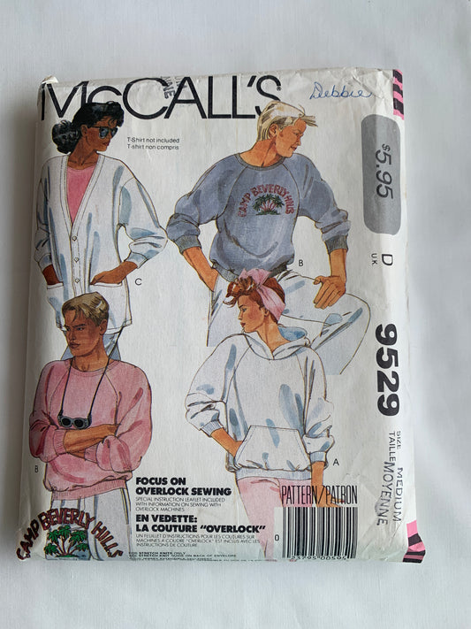 McCall's Sewing Pattern 9529 Misses'/Men's Tops, Cardigan, Stretch Knits, Pullover, Hood, Pockets, Long Sleeves, Button Front, Size Med, Cut, Vintage 1985