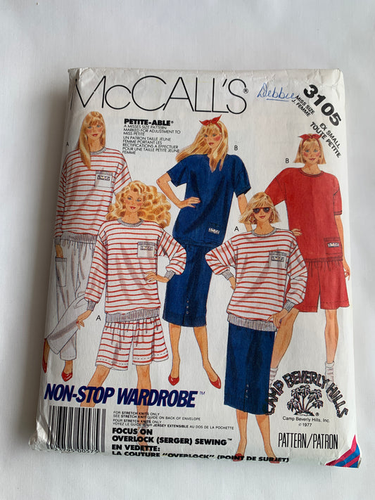 McCall's Sewing Pattern 3105 Misses' Top, Skirt, Pants, Shorts, Long/Short Sleeves, Pullover, Pockets, Size 6-8, Cut, Vintage 1987