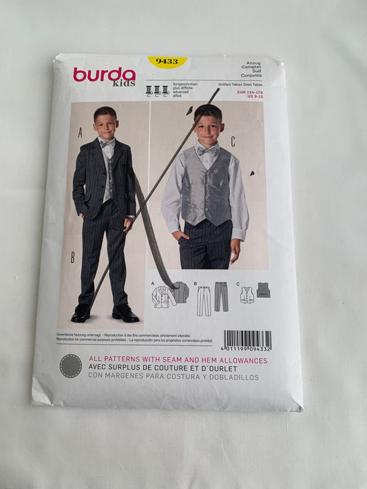 Burda Sewing Pattern 9433 Boy's Suit, Jacket, Pants, Vest, Semi-Fitted, Button Front, Pockets, Zipper Fly, Size 9-15, Uncut, 2000