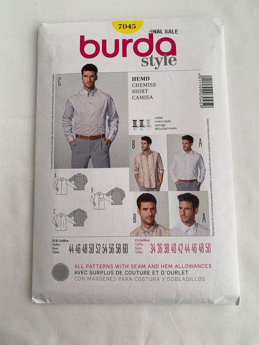 Burda Sewing Pattern 7045 Men's Shirt, Fitted, Long Sleeves, Pockets, Button Front, Collar, Cuffs Size 34-50, Uncut, 2000