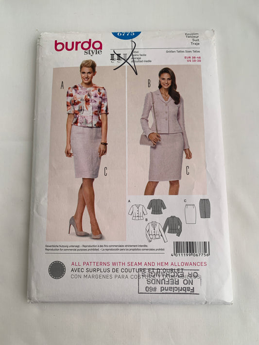 Burda Sewing Pattern 6775 Misses' Suit, Top, Skirt, Fitted, Long Sleeves, Button Front, Zipper Back, Shoulder Pads, Size 10-20, Uncut, 2000