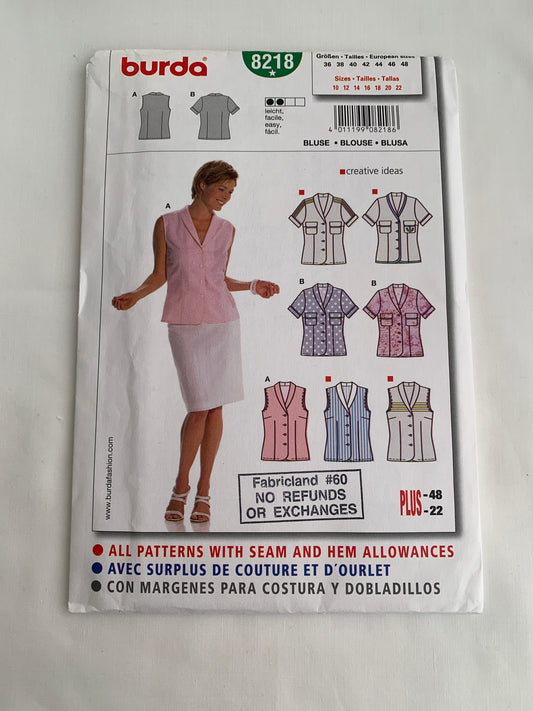 Burda Sewing Pattern 8218 Misses' Blouse, Short Sleeves, Sleeveless, Button Front, Pockets, Fitted, Collar, Size 10-22, Uncut, 2000