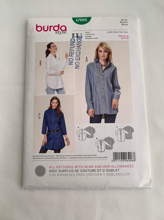 Burda Sewing Pattern 6908 Misses' Blouse, Button Front, Collar, 3 Variations, Loose-Fitting, Pockets, Long Sleeves, Size 8-20, Uncut, 2000