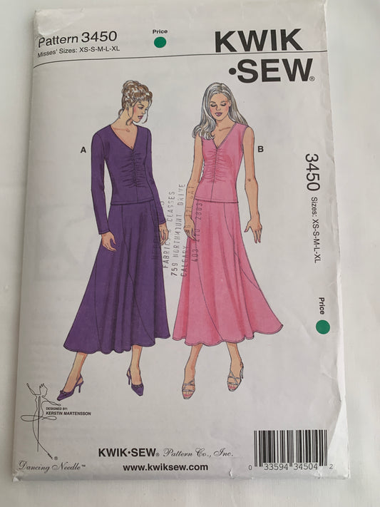 KWIK Sewing Pattern 3450 Misses' Skirt, Top, Long Sleeves, Pullover, Elasti Waist, Fitted, Size XS-XL, Uncut, 2006