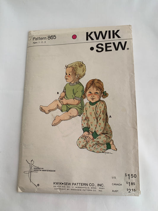 KWIK Sewing Pattern 865 Toddlers' Pajamas, Top, Pants, Shorts, Long/Short Sleeves, Elastic Waist, Pullover, Size 1-3, Uncut, Vintage 1980