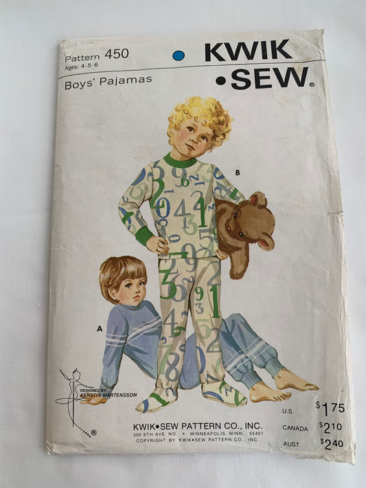 KWIK Sewing Pattern 450 Boys' Pajamas, Feet, Top, Pants, Long Sleeves, Elastic Waist, Pullover, Size 4-6, Uncut, Vintage 1980