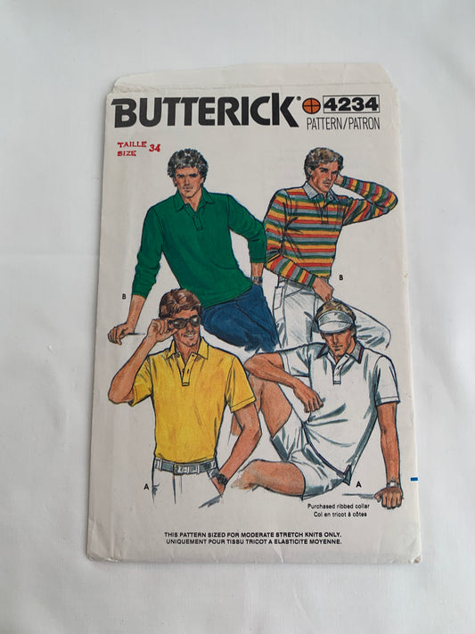 Butterick Sewing Pattern 4234 Men's Shirt, Collar, Stretch Knit Only, Long/Short Sleeves, Button Front, Size 34, Uncut, Vintage 1980