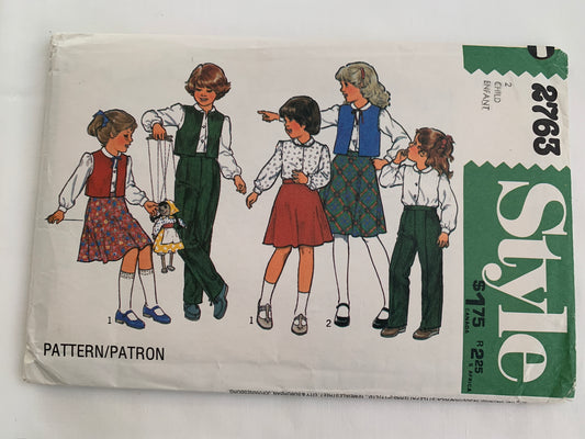 Style Sewing Pattern 2763 Girls' Waistcoat, Blouse, Skirt, Trousers, Long Sleeves, Elastic Waist, Button Front, Size 2, Uncut, Vintage 1979