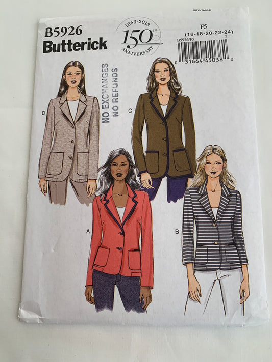 Butterick Sewing Pattern B5926 Misses'/Misses' Petite Jacket, Fitted, Unlined, Collar, Button Front, Poclets, Size 16-24, Uncut, 2013