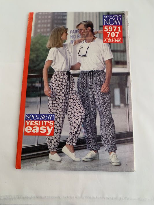 Butterick Sewing Pattern 5971 Misses'/Men's Unisex, Pull-On Pants, Drawstring, Pockets, Elastic Legs, Size 24-34 Waist, Uncut, Vintage 1992