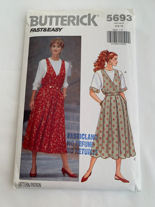 Butterick Sewing Pattern 5693 Misses' Mock Wrap Jumper, Top, Button Front, Pleats, Flared, Loose-Fitting, Size 6-10, Uncut, Vintage 1991