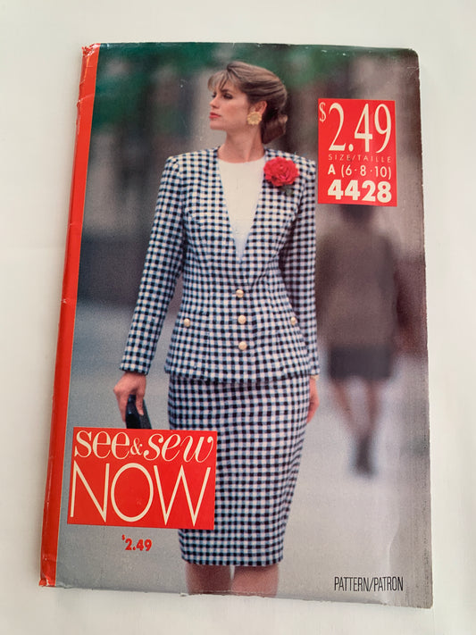 Butterick See & Sew Sewing Pattern 4428 Misses' Jacket, Skirt, Shoulder Pads, Loose-Fitting, Zipper Back, Size 6-14, Uncut, Vintage 1989