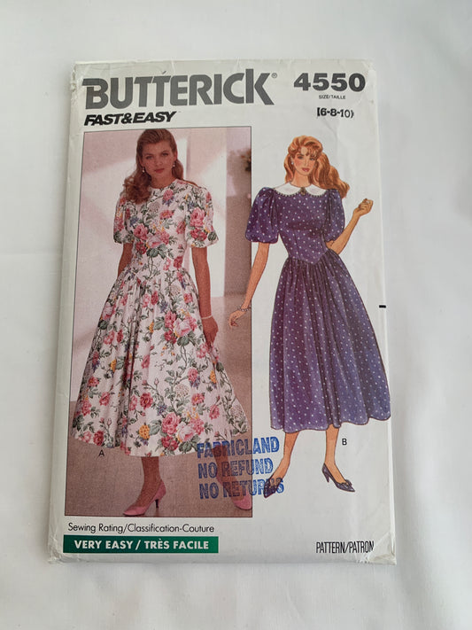 Butterick Sewing Pattern 4550 Misses'/Misses' Petite Dress, Flared Skirt, Shoulder Pads, Dropped Waist, Elbow Sleeves, Zipper Back, Pocket, Size 6-10, Uncut, Vintage 1990