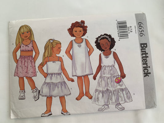 Butterick Sewing Pattern 6656 Girls' Top, Camisole, Slip, Petticoat, Close-Fitting, Elastic Waist, Tiers, Ruffles, Size 6-8, Uncut, 2002