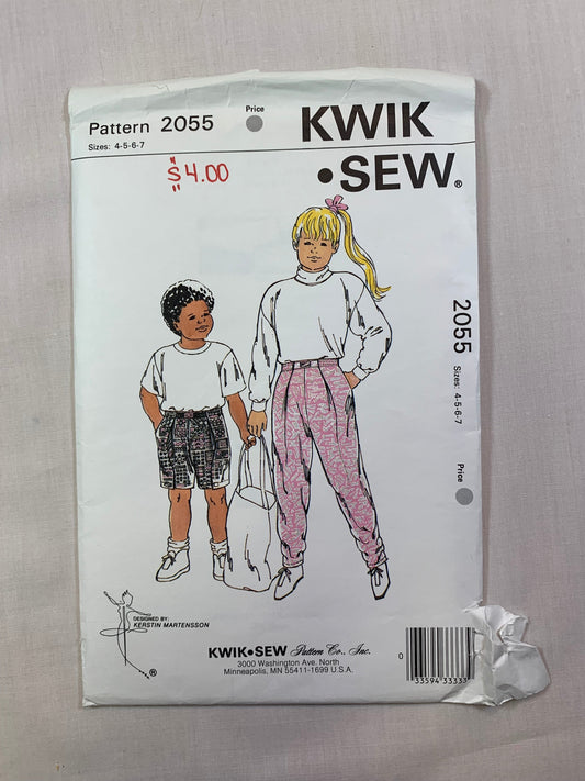 KWIK Sewing Pattern 2055 Boys'/Girls' Pants, Shorts, Pockets, Elastic Waist, Size 4-7, Uncut, Vintage 1980