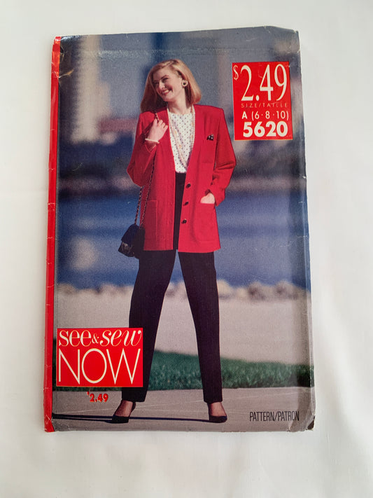 Butterick See & Sew Sewing Pattern 5620 Misses' Jacket, Top, Pants, Long?Short Sleeves, Loose-Fitting, Shoulder Pads, Pullover, Size 6-10, Uncut, Vintage 1991
