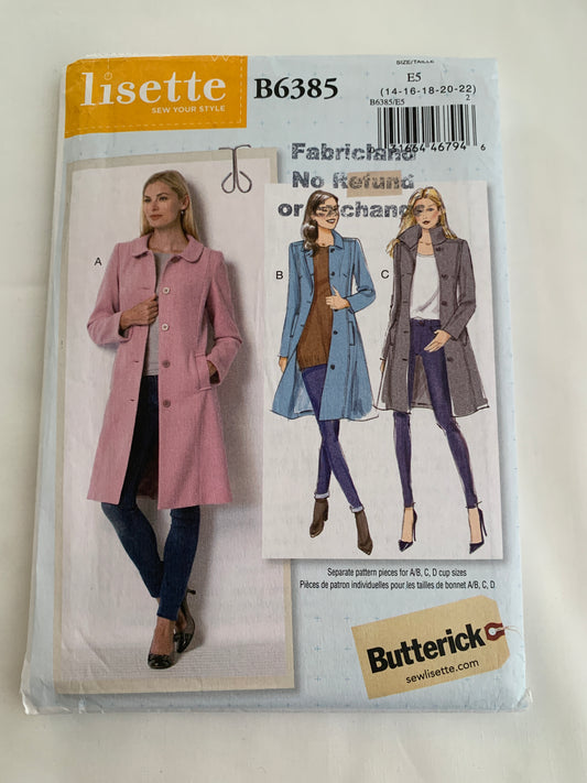 Butterick Sewing Pattern B6385 Misses' Coat, Fitted, Collar, Long Sleeves, Princess Seams, Button Front, Pockets, Size 14-22, Uncut, 2000